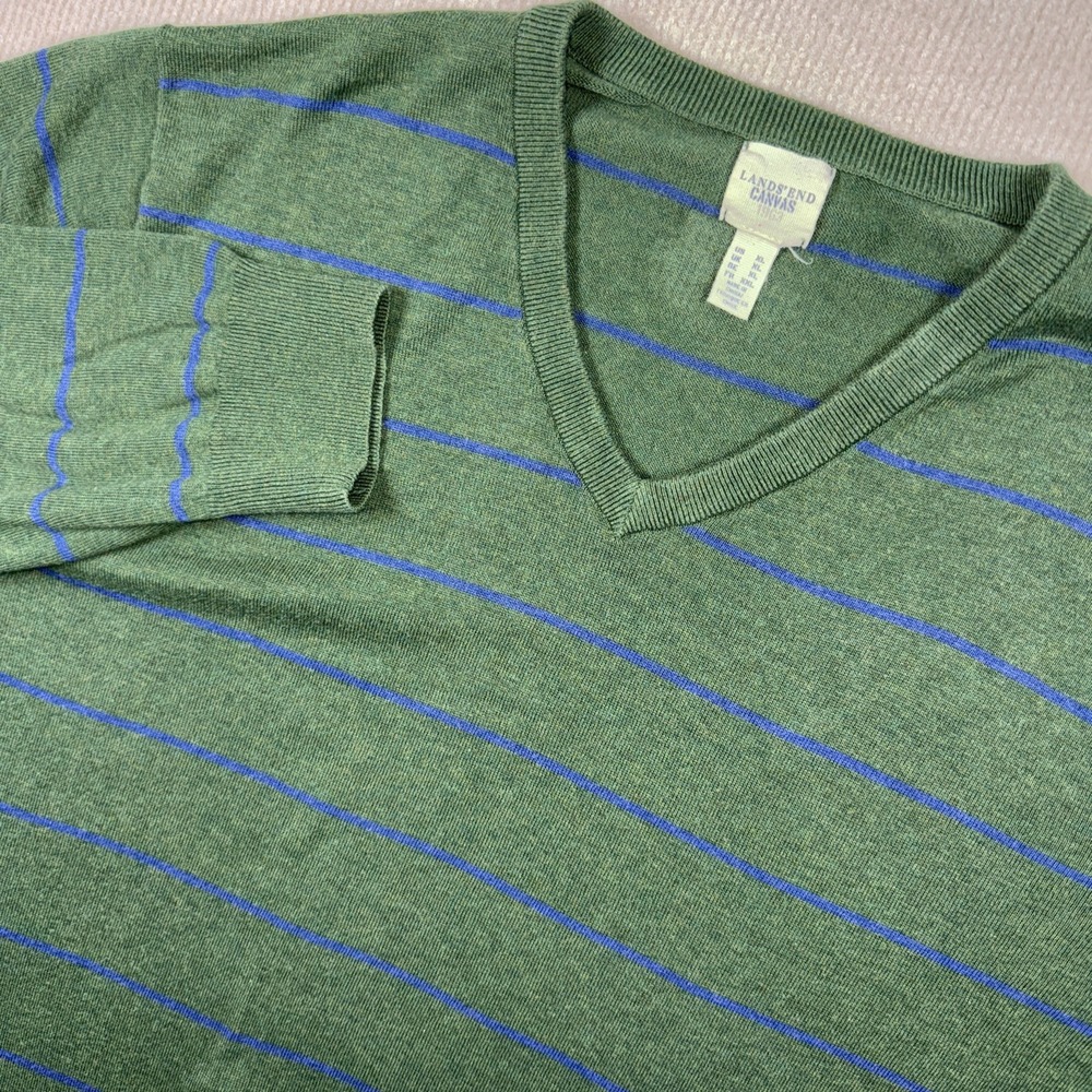 Lands' End Canvas Sweater Mens XL Green Blue Striped V-Neck 100%‎ Cotton  Knit
